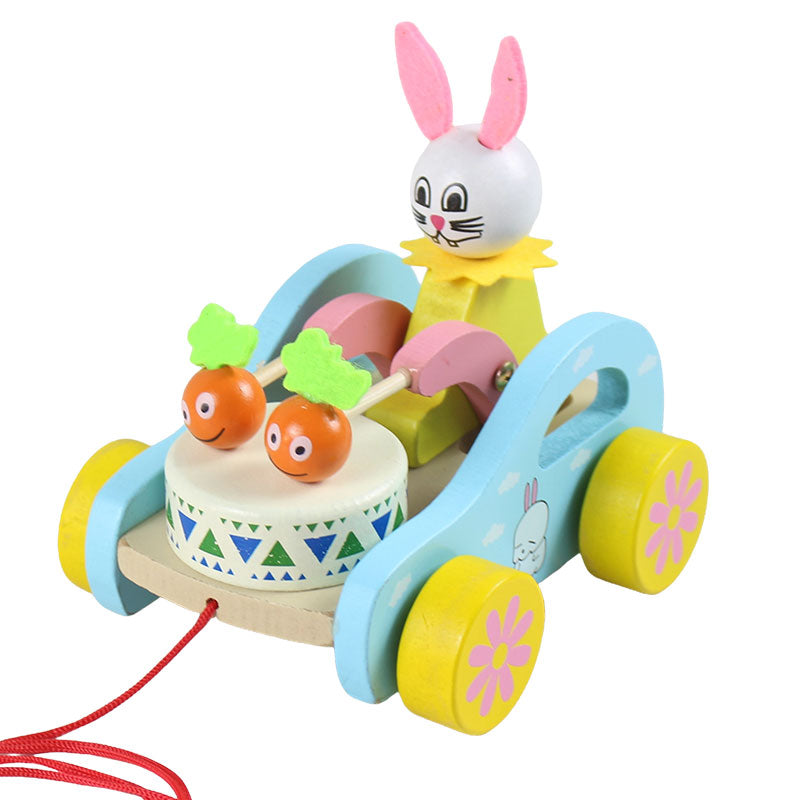 Wooden Cute Kid Cartoon Beating Drum Pulling Cart