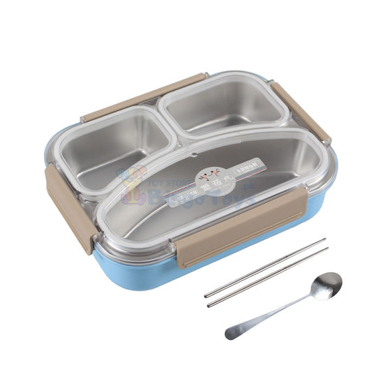 3 Partition Lunch Box Stainless Steel with Spoon & Chopstick 01974