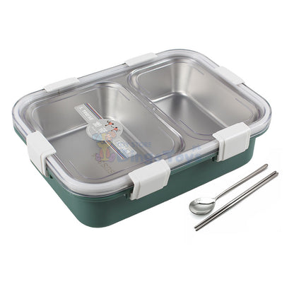 2 Partition Lunch Box Stainless Steel with Spoon & Chopstick 01975