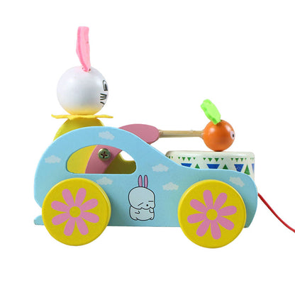 Wooden Cute Kid Cartoon Beating Drum Pulling Cart