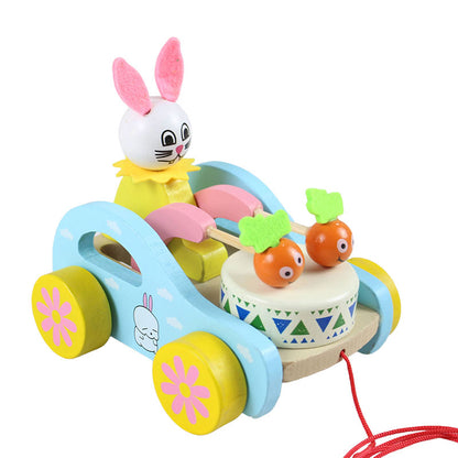 Wooden Cute Kid Cartoon Beating Drum Pulling Cart