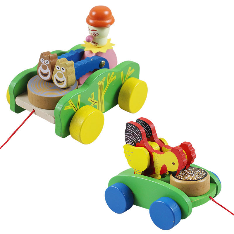Wooden Cute Kid Cartoon Beating Drum Pulling Cart