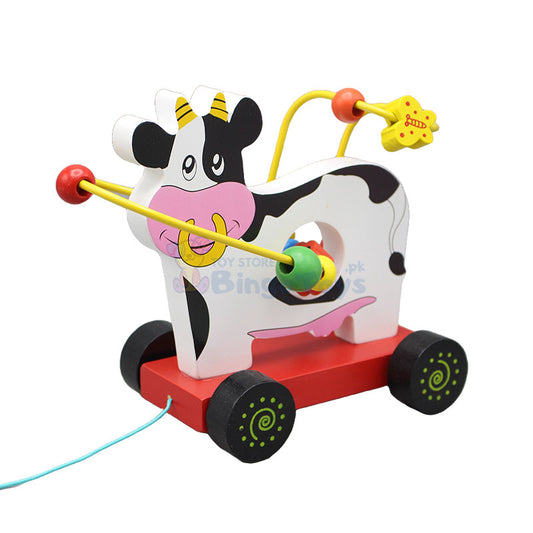 Wooden Bead Pull String Toy Car (Cow)