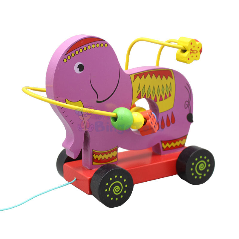 Wooden Bead Pull String Toy Car (Elephant)