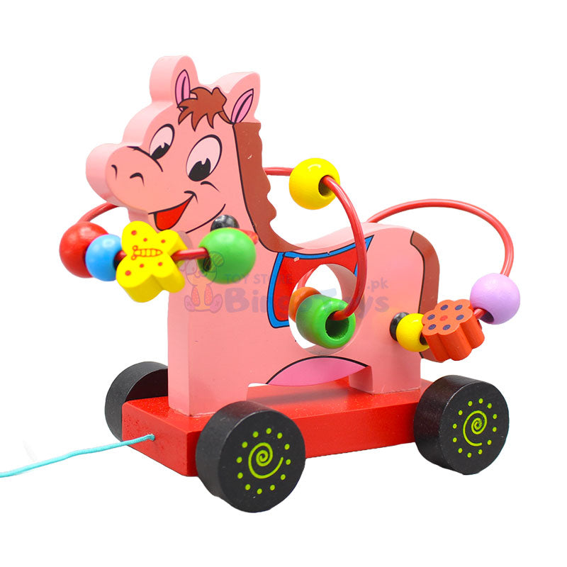 Wooden Bead Pull String Toy Car (Horse)