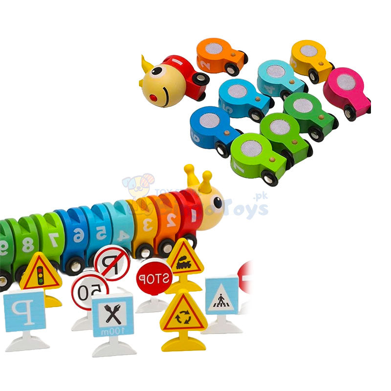 Wooden Caterpillar Train with Numbers & Traffic Sign