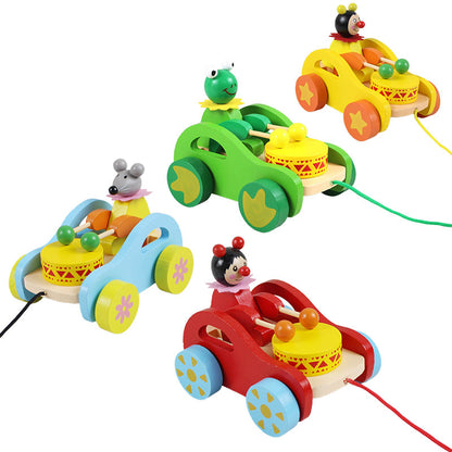 Wooden Cute Kid Cartoon Beating Drum Pulling Cart