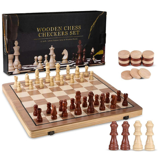 Fine Wooden Chess Checkers Set Magnetic 2 in 1